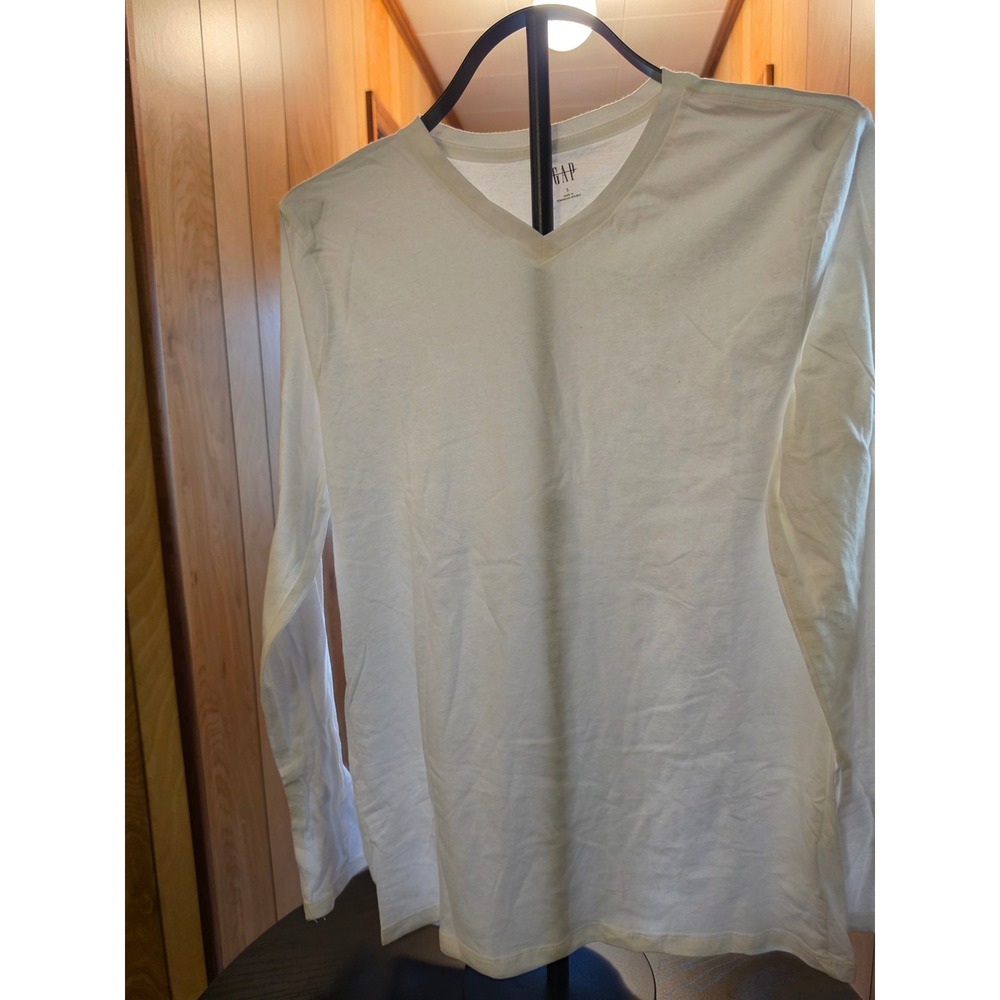 Gap Mens Long Sleeve V-Neck T-Shirt White Small Cotton Essential Basic Tee